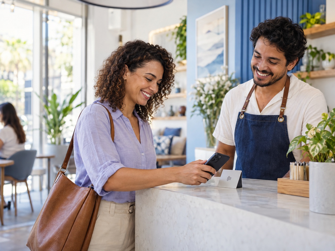 Cliente aproximando o celular de um cartão inteligente durante um bom atendimento